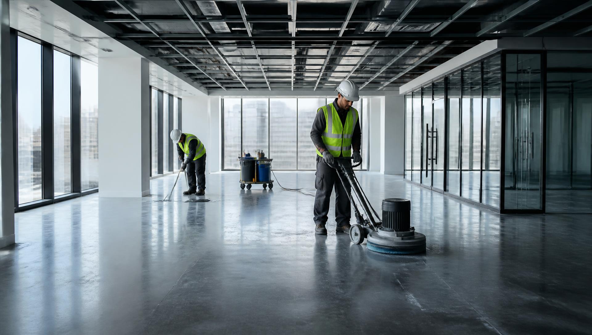 Workers in high-visibility vests and hard hats performing final floor cleaning in a commercial office interior near completion